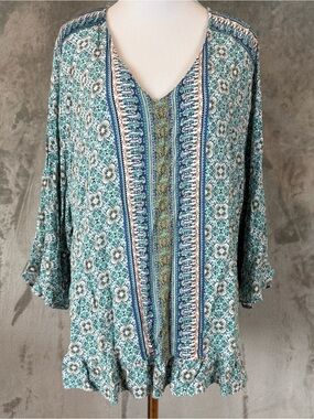 Jones New York Teal and Navy Floral V-Neck Tunic 2X Boho